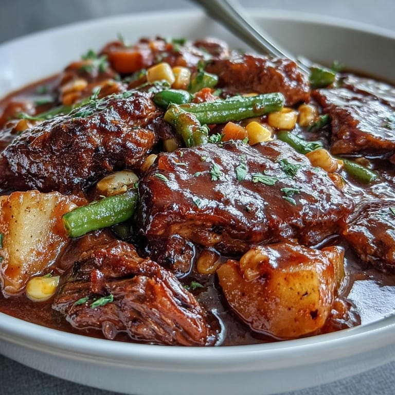 Rich and savory Kentucky Derby Burgoo Stew featuring slow-cooked meats, okra, and colorful bell peppers, perfect for festive gatherings.  