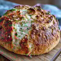 Freshly baked Perfect Parmesan Garlic Artisan Bread with a golden, crackly crust and melted cheese on top.