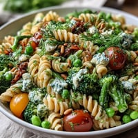 A vibrant Spring Garden Pasta Salad with broccoli, peas, and cherry tomatoes, tossed in a zesty lemon-herb dressing.  