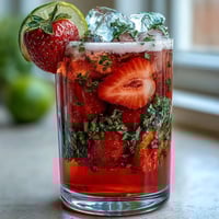 A refreshing glass of strawberry basil lemonade with fresh basil leaves and lemon slices.