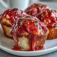 Fresh strawberry lemon muffins with a tangy glaze, golden brown and dotted with juicy fruit, perfect for a sunny morning.