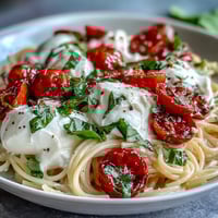Creamy burrata melts over al dente pasta with juicy cherry tomatoes and fresh basil in this vibrant Caprese pasta dish.  