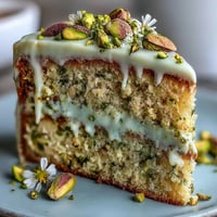 Vibrant layered lemon pistachio cake with zesty sponge, creamy frosting, and chopped nuts, perfect for a spring birthday celebration.