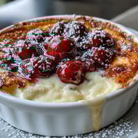 Fresh Cherry Clafoutis with Vanilla Bean showcases juicy cherries baked in a silky custard, golden and lightly puffed.