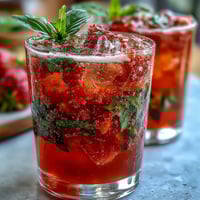 Vibrant strawberry basil mocktail in tall glasses with fresh basil leaves and lemon garnish, perfect for summer refreshment.